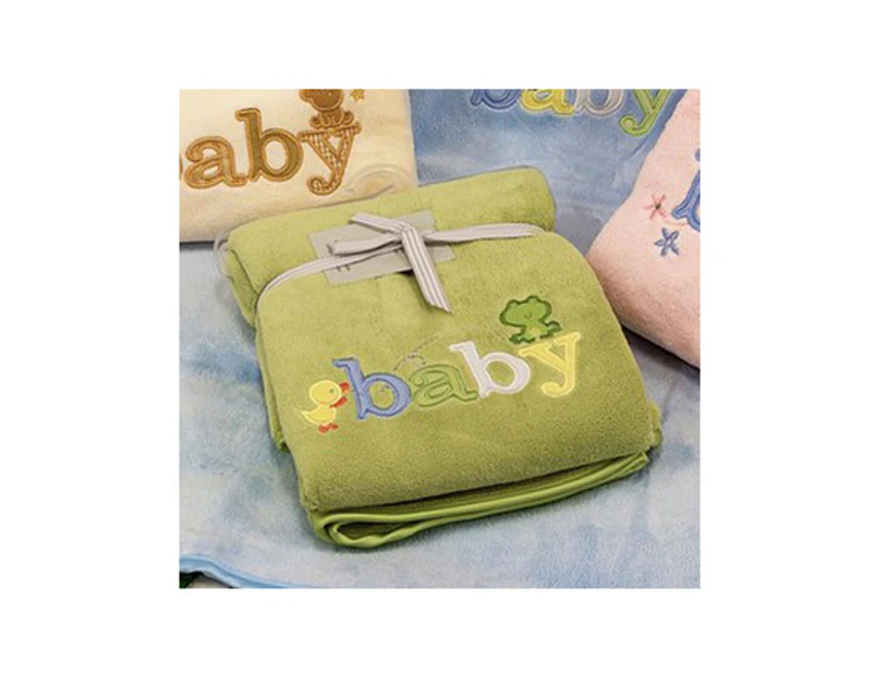 Embroidered Baby Blanket Throw GREEN Soft and Fluffy for the Cot