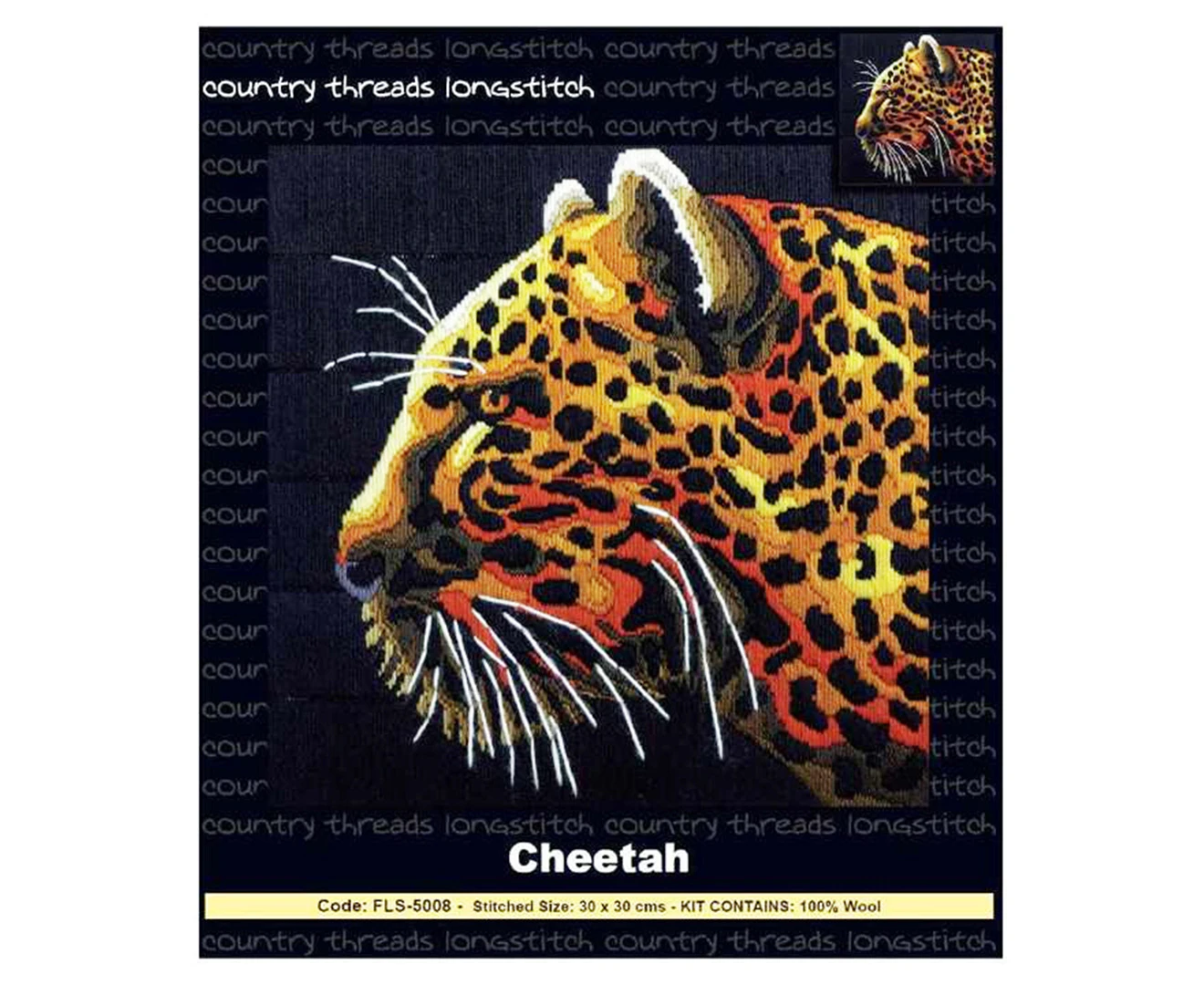 Country Threads 30x30cm Long Stitch Cheetah Cross Stitch Kit