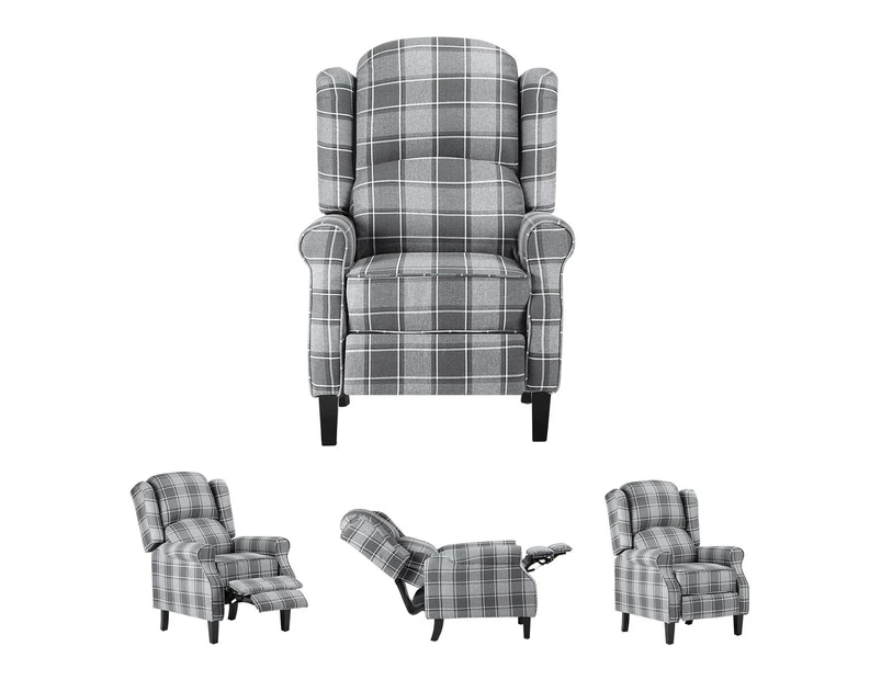 Grey Plaid Recliner Chair Armchair Single Sofa Padded Fabric Couch Lounge Living Room Furniture