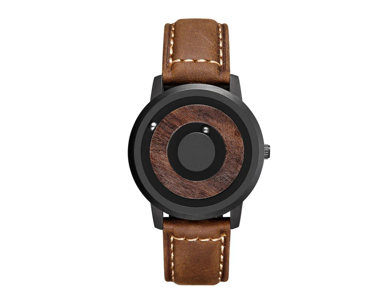 New Mens Innovative Wooden Magnetic Quartz Sports Watch Steel Leather Strap Gift