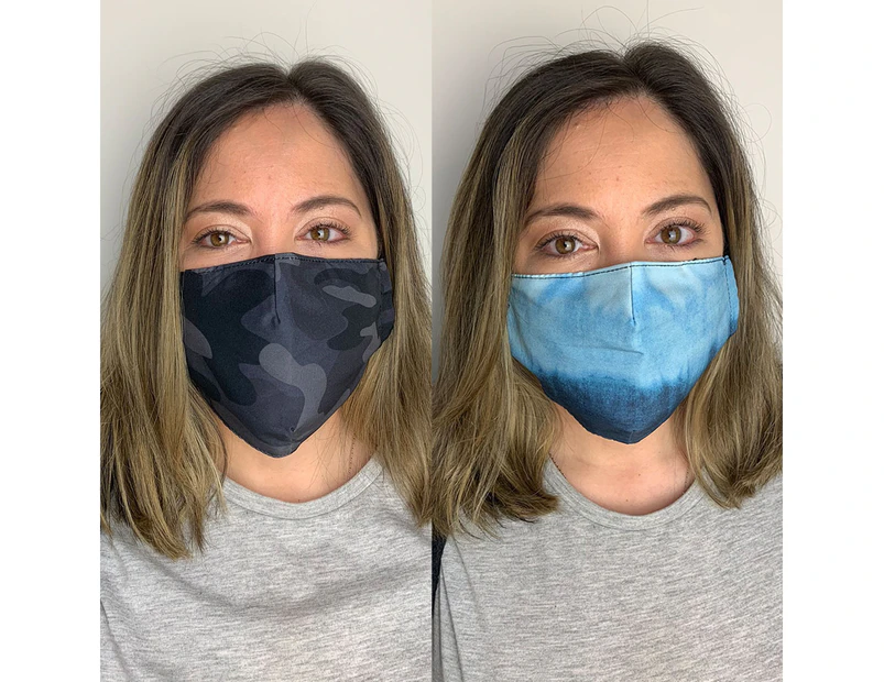 Pack of 2 Reusable 100% Cotton Fabric Face Masks with 2 x PM2.5 Filters in Camo & Blue