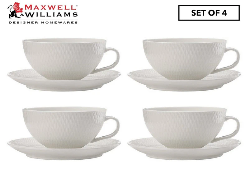 Set of 4 Maxwell & Williams 250mL White Basics Diamonds Low Tea Cup & Saucer