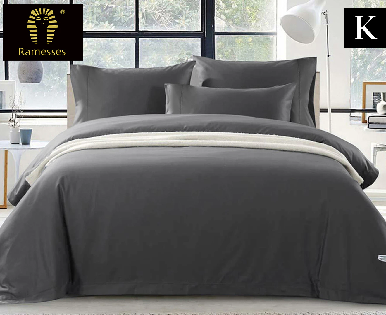 Ramesses 1500TC Egyptian Cotton King Bed Quilt Cover Set - Charcoal