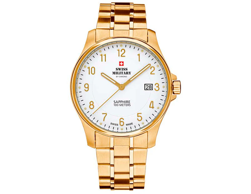 Swiss military Mens Analog Quartz Watch with Stainless Steel Gold Plated bracelet White