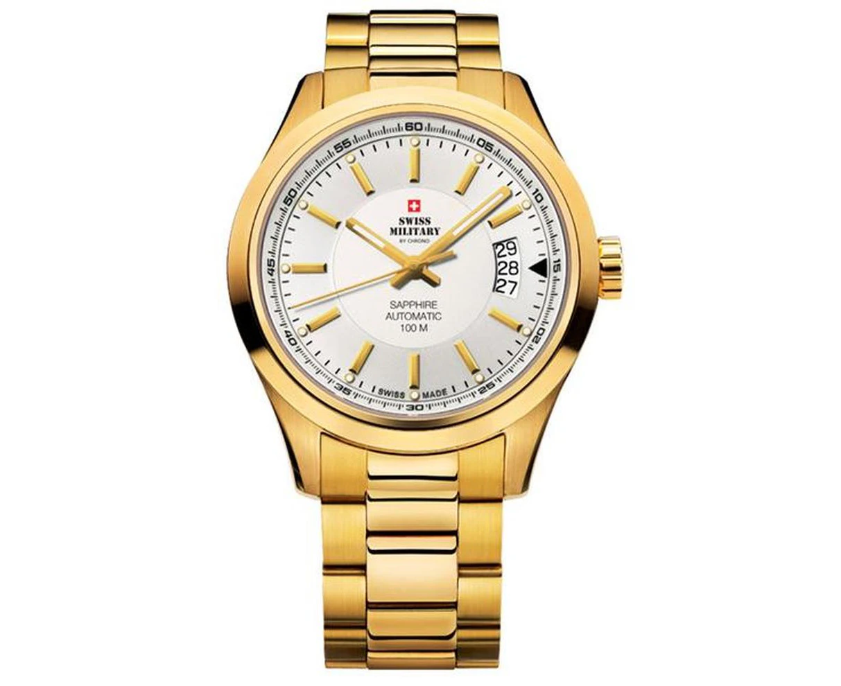 Swiss military Mens Analog Automatic Watch with Stainless Steel Gold Plated bracelet White