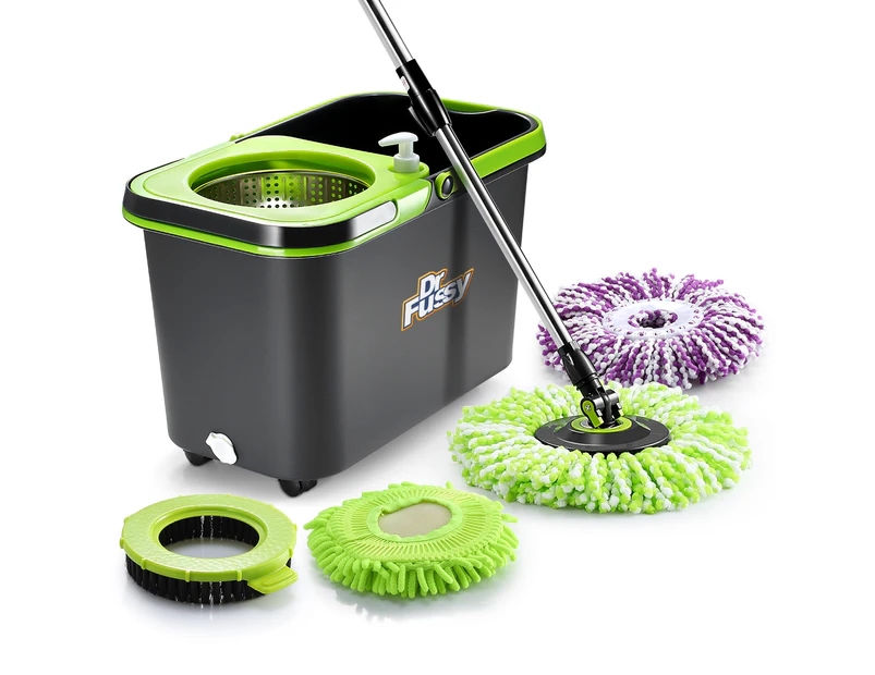 DR FUSSY Stainless Steel Spin Mop Bucket Floor Clean System with 2 Microfiber Mop Heads