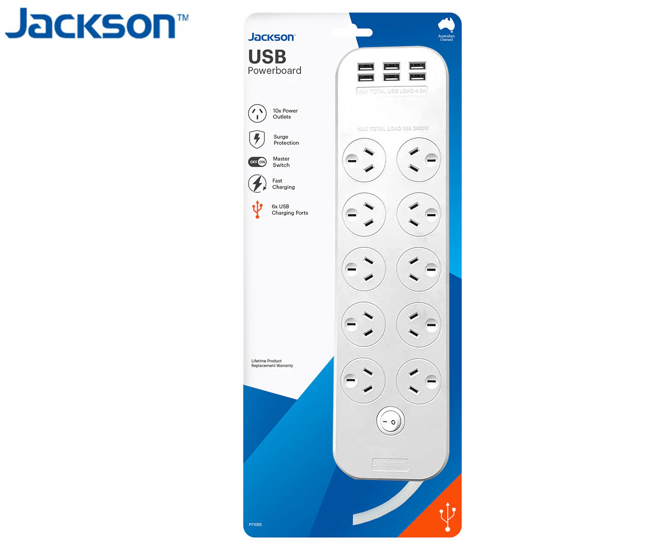 Jackson Powerboard Extension Sockets w/ 10 AU/NZ Outlets/USB Charging Port White