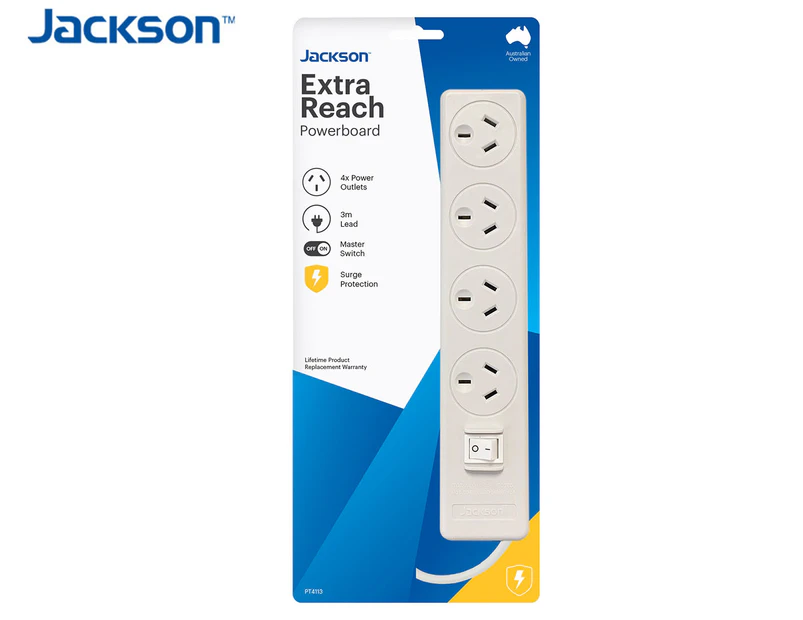 Jackson 4-Way Extra Reach Power Board w/ 3m Cord - White