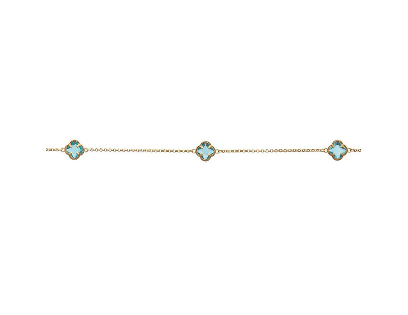 Bevilles Blue 4 Leaf Clover Anklet in 9ct Yellow Gold Silver Infused