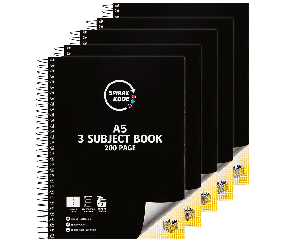 5pc Spirax Kode A5 3 Subject Book 200pg Paper/Notebook Assorted w/ Dividers