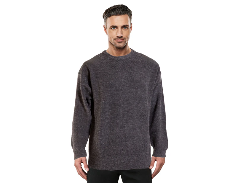 Ansett Men's Wool Charcoal Jumper With Black Elbow And Shoulder Patches