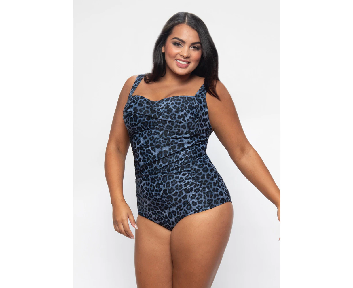 LaSculpte Women's Chlorine Resistant Tummy Control Ruched Strappy One Piece Swimsuit with Moulded Cups - Blue Animal Print