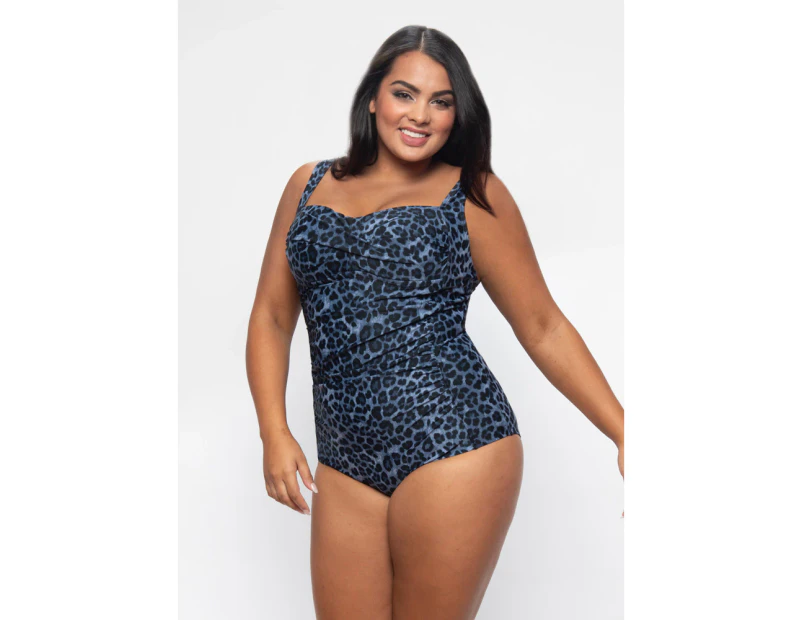 LaSculpte Women's Chlorine Resistant Tummy Control Ruched Strappy One Piece Swimsuit with Moulded Cups - Blue Animal Print