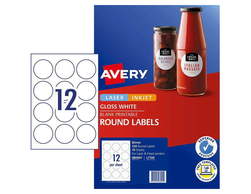 Avery 60mm Glossy Round Printable Blank Labels 120-Pack