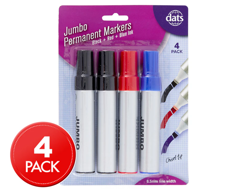 Dats Jumbo Permanent Markers 4-Pack - Black/Red/Blue