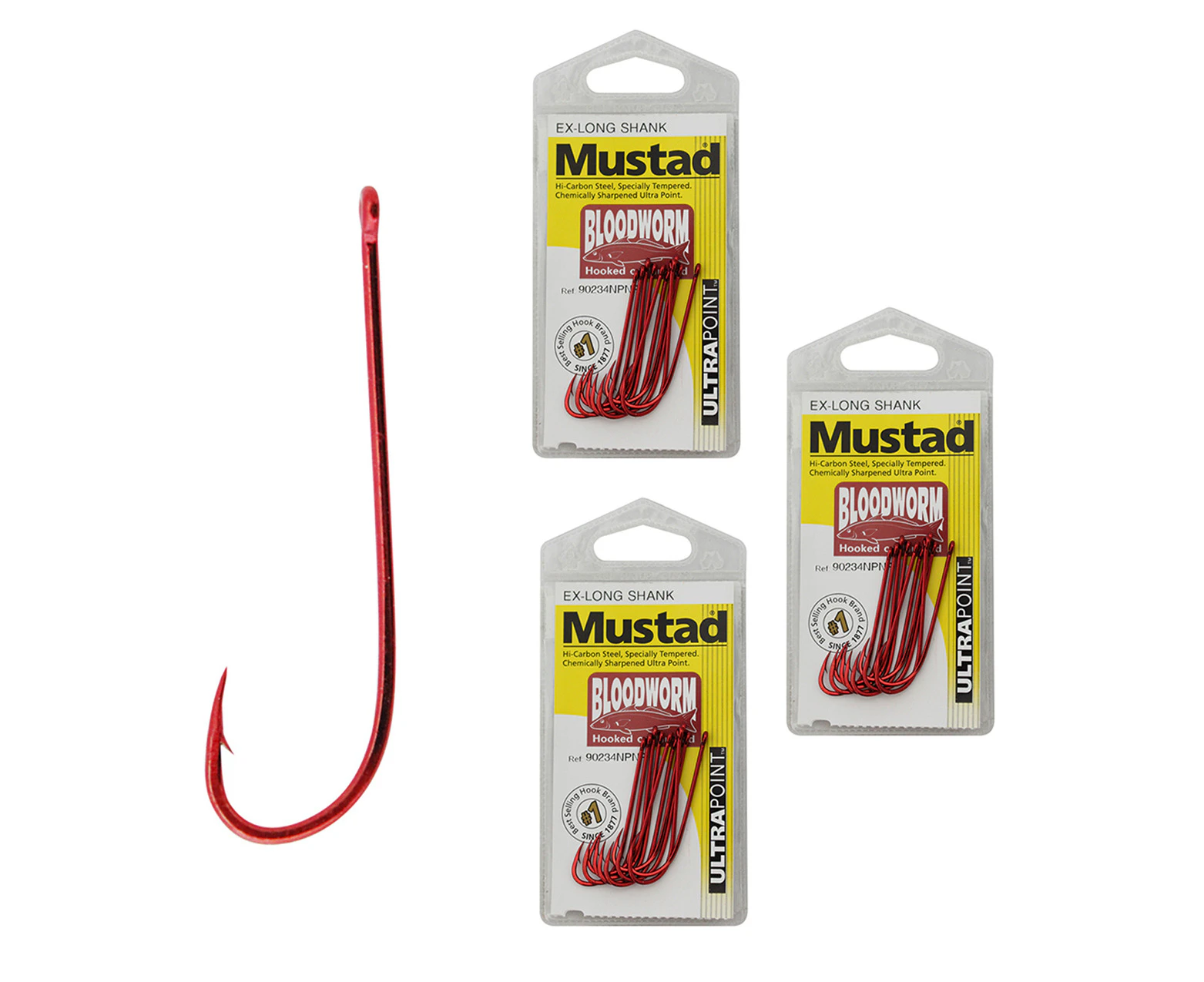 Mustad Bloodworm Size 4-90234npnr-Bulk 3 Pack-Chemically Sharpened Fishing Hooks