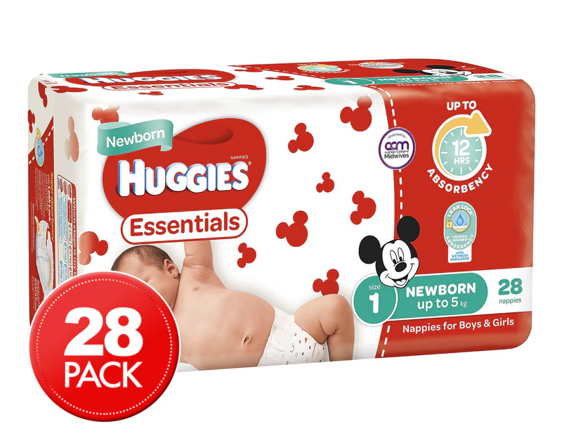 Huggies Essentials Newborn Size 1 Up To 5kg Nappies 28pk