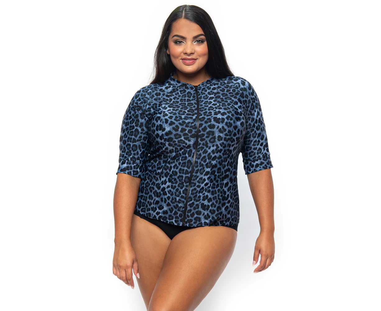 LaSculpte Women's Full Zip Front Short Sleeve Swimwear Rash Guard Top UPF  50+ Colour Block Ocean Stripe Printed Swim Shirts - Navy/Blue Stripe  Print<!-- -->