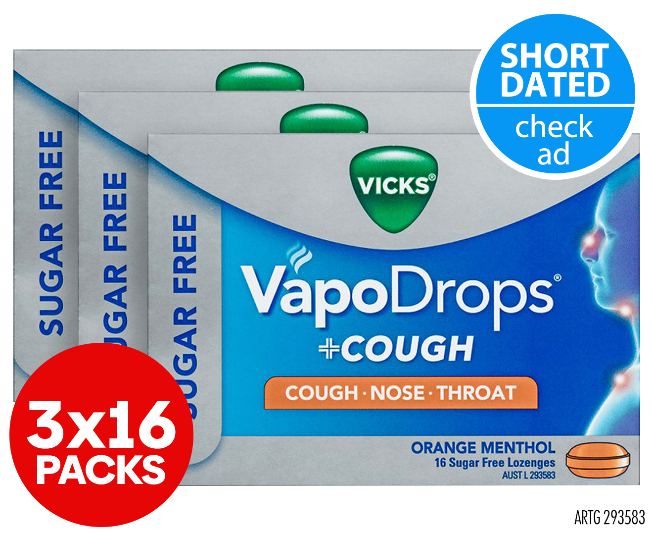 3 x 16pk Vicks VapoDrops + Cough Lozenges Sugar Free Orange Menthol ...