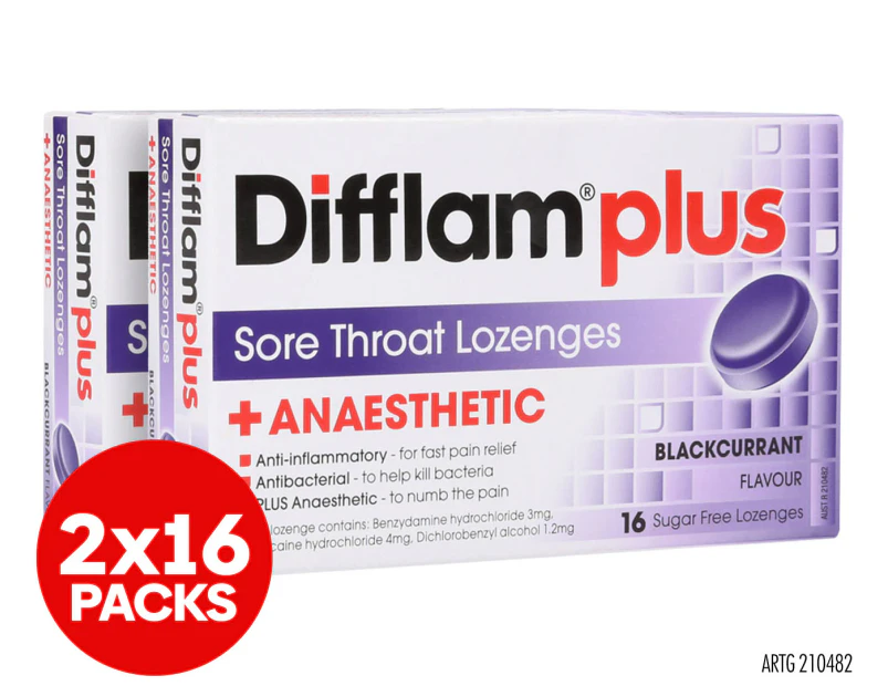 2 x Difflam Plus Anaesthetic Sore Throat Antibacterial Lozenges Blackcurrant 16pk