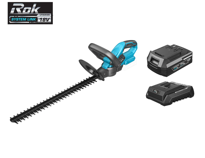 Image of Blue and black cordless hedge trimmer