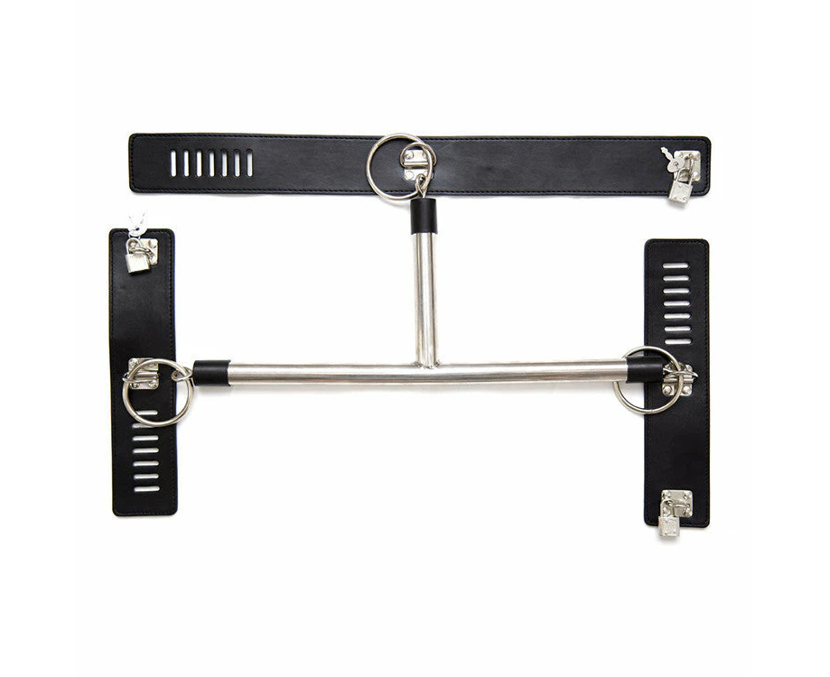 BDSM Spreader Bar Restraint Set - Neck T-Collar with Wrist & Handcuffs - Black Cuffs&Collar