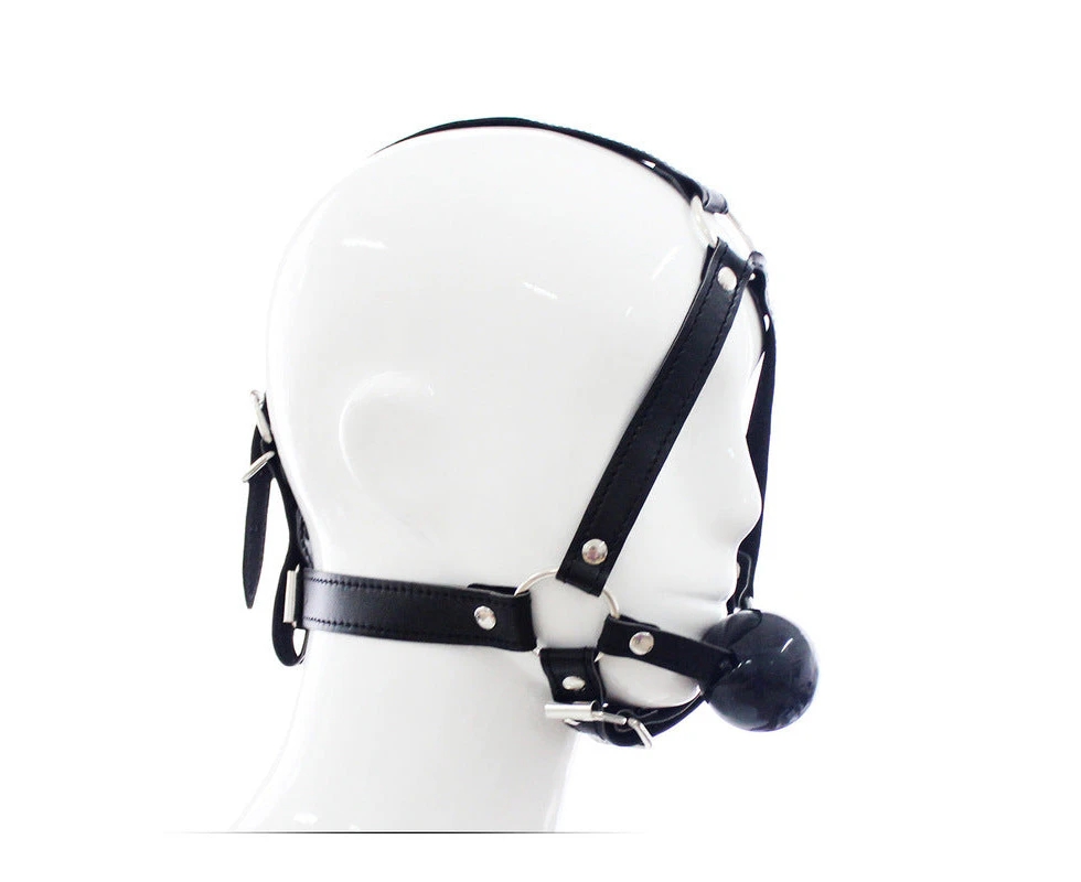 BDSM Ball Gag Head Harness Mask Mouth Open - Black