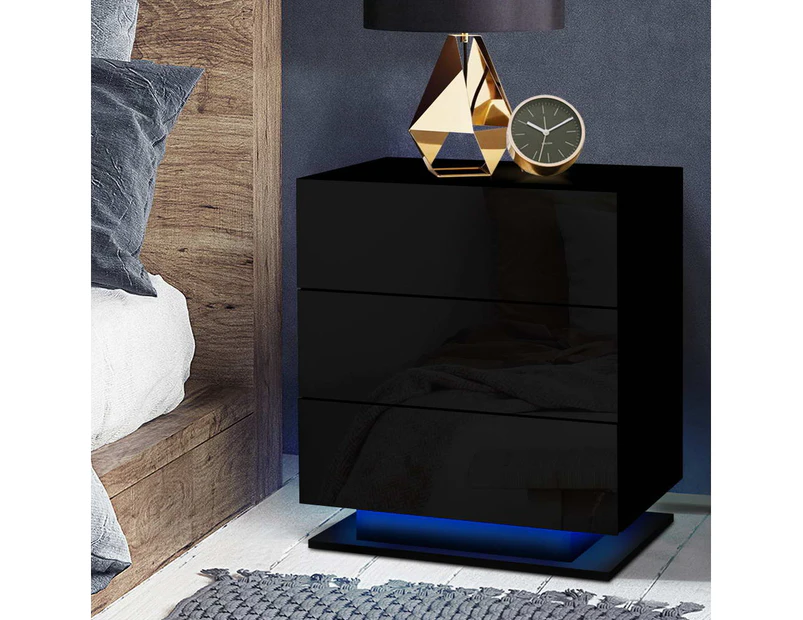 Artiss Bedside Tables Side Table RGB LED Lamp 3 Drawers Nightstand Gloss Black