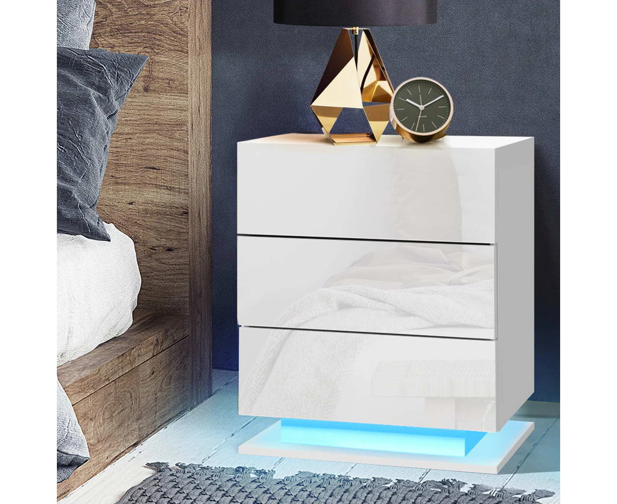 Artiss Bedside Table LED 3 Drawers - MORI White