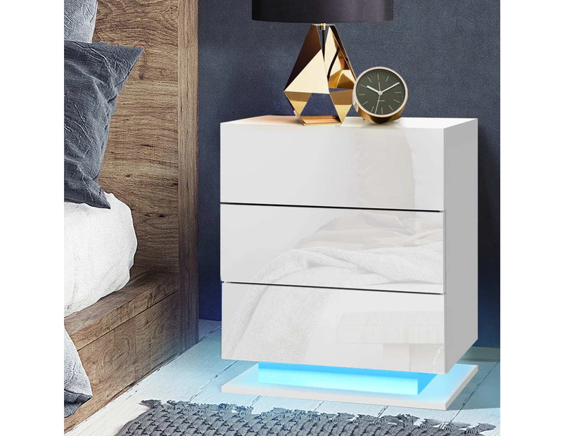 Artiss Bedside Table LED 3 Drawers - MORI White