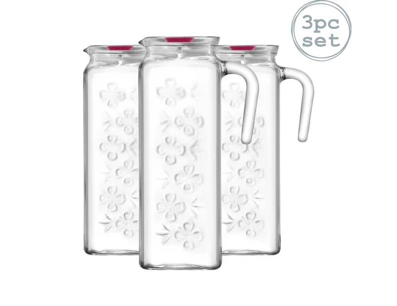 LAV 3 Piece Bloom Decorated Water Jug Set - Glass Serving Carafe with Lid and Handle - 1.2L
