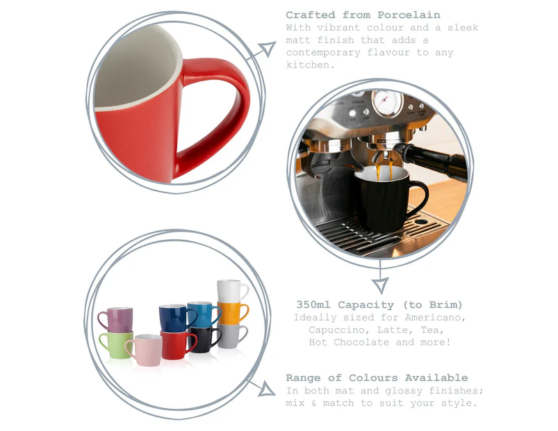 6pc Matt Black/Red 350ml Coffee Mugs Set - Modern Porcelain Cappuccino Tea Cup - by Argon Tableware