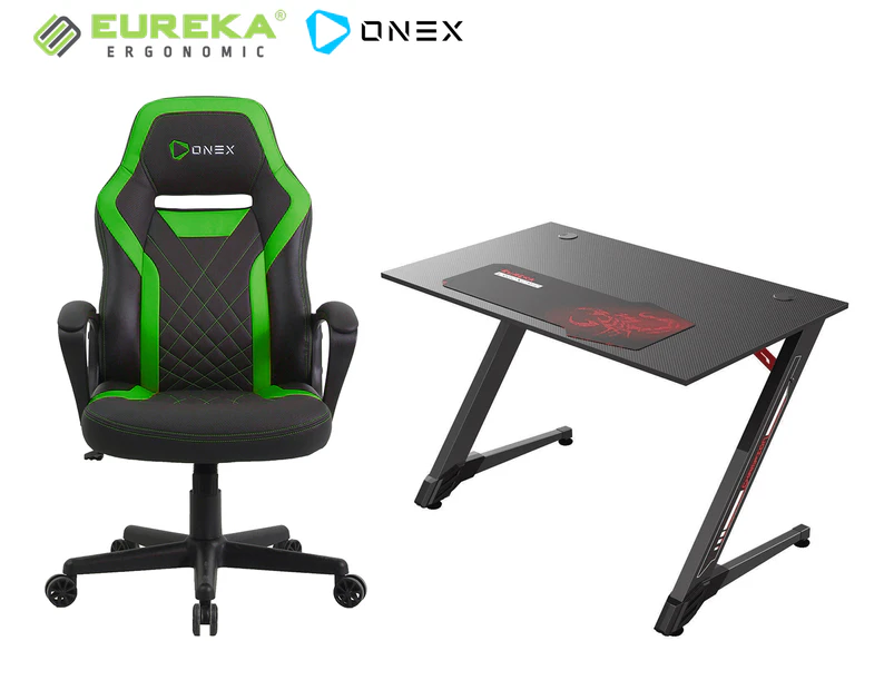 Eureka GD-4301 Gaming Office Desk & ONEX GX1 Gaming Office Chair Set Bundle - Black/Green