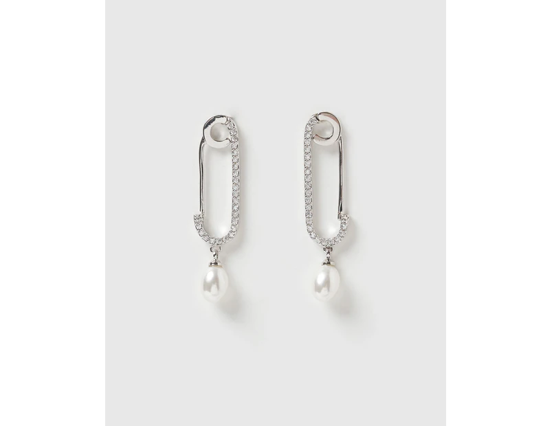 Izoa Tiffany Safety Pin Huggie Earrings Silver Pearl