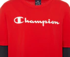Champion Boys' Script 2-Fer Long Sleeve Tee / T-Shirt / Tshirt - Red/Navy