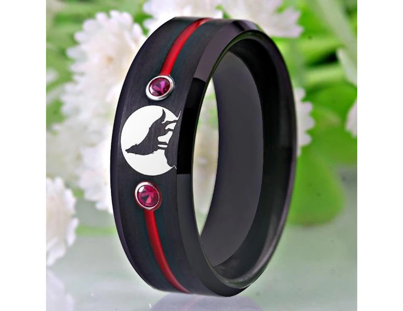 Tungsten Red Bejewelled Wolf Ring