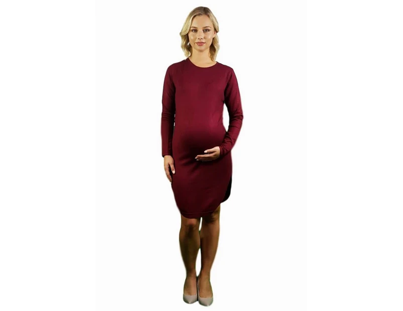 Knitted Maternity Dress With Side Splits - Red