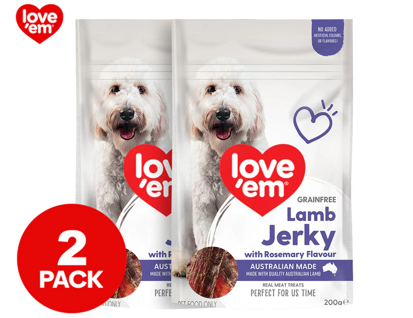 2 x Love 'Em Dog Treats Lamb Jerky w/ Rosemary 200g
