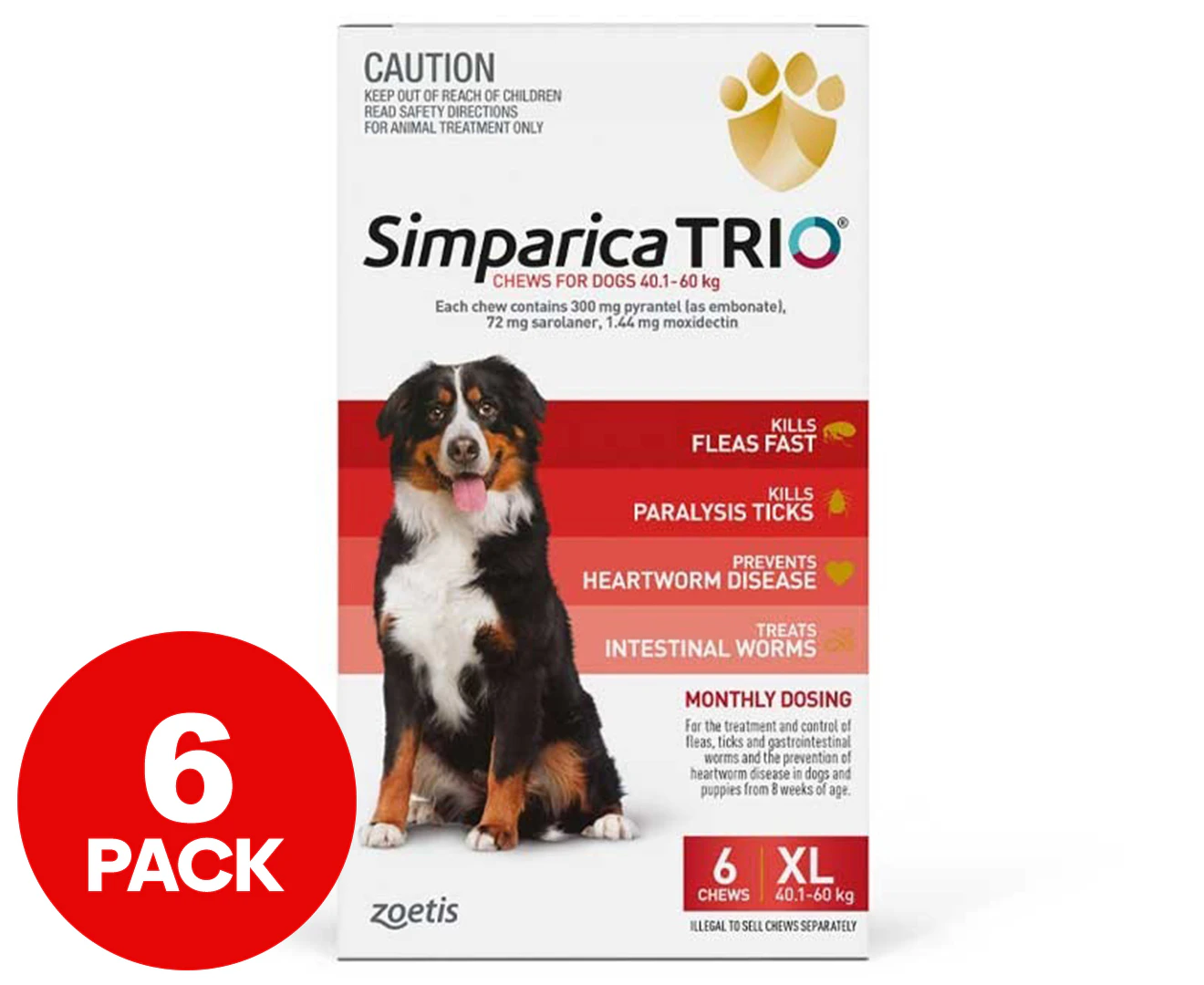 Simparica Trio Flea, Tick & Heartworm Chew for Extra Large Dogs 40.1-60kg - 6-Pack