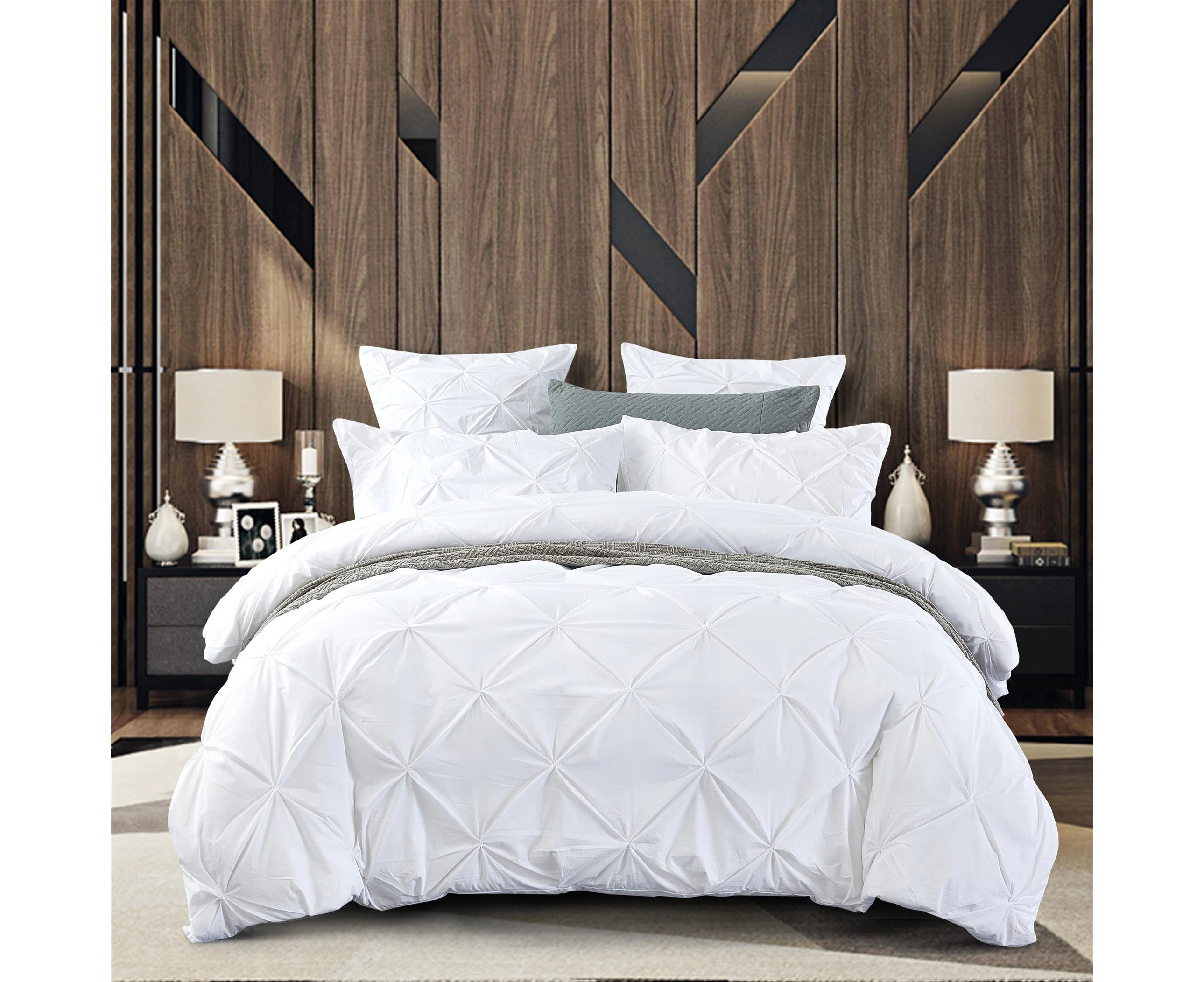 Cotton White Diamond Pinch Pleated Pintuck Doona Quilt Cover Set