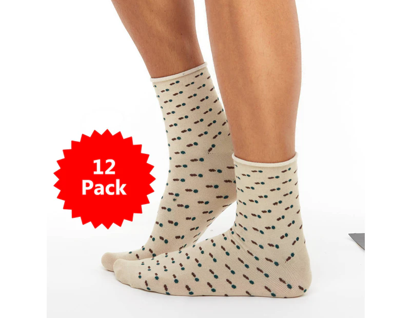 12 PACK - Chusette Ultra Soft Bamboo Ankle Socks for Maximum Comfort Everyday - Beige Dots