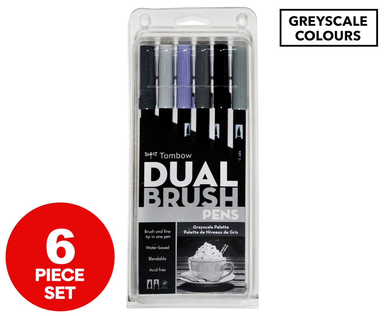 6pc Tombow Dual Brush Water-Based Pen Set Art/Craft Drawing Sketching Greyscale