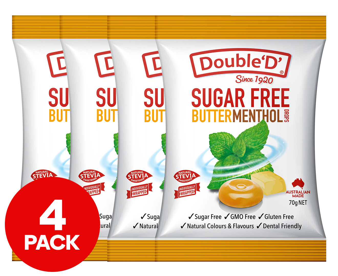 4 x Double 'D' Sugar Free Lozenges Butter Menthol 70g