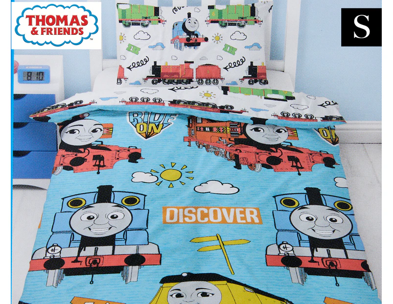 Thomas & Friends Ride On Single Bed Quilt Cover Set - Blue/White