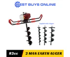 Post Hole Digger 2 Man Earth Auger 82Cc Petrol Ground Drill W/ 3 Augers