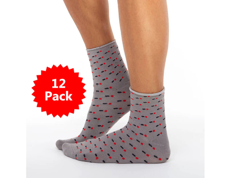 12 PACK - Chusette Ultra Soft Bamboo Ankle Socks for Maximum Comfort Everyday - Grey Dots