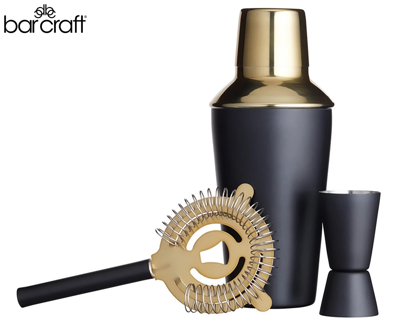 3pc BarCraft Matte 500ml Cocktail Shaker/25ml/50ml Jigger/Strainer Set Black