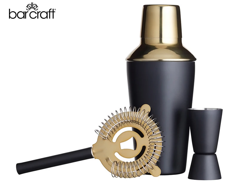 BarCraft 3-Piece Cocktail Kit w/ Martini Shaker, Jigger & Strainer - Black/Gold