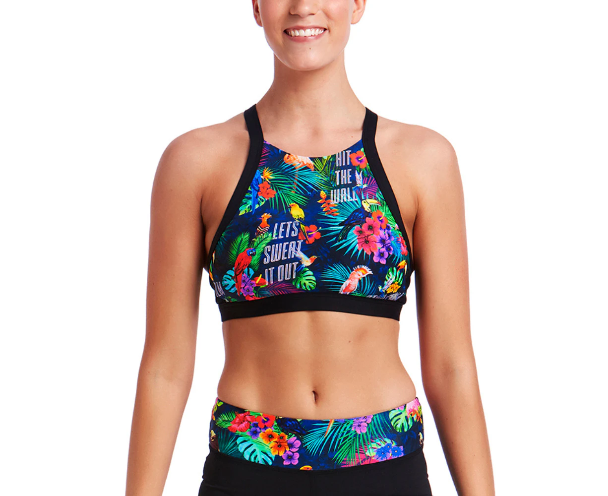 Funkita Ladies Tropic Tag High Neck Crop Top - Green