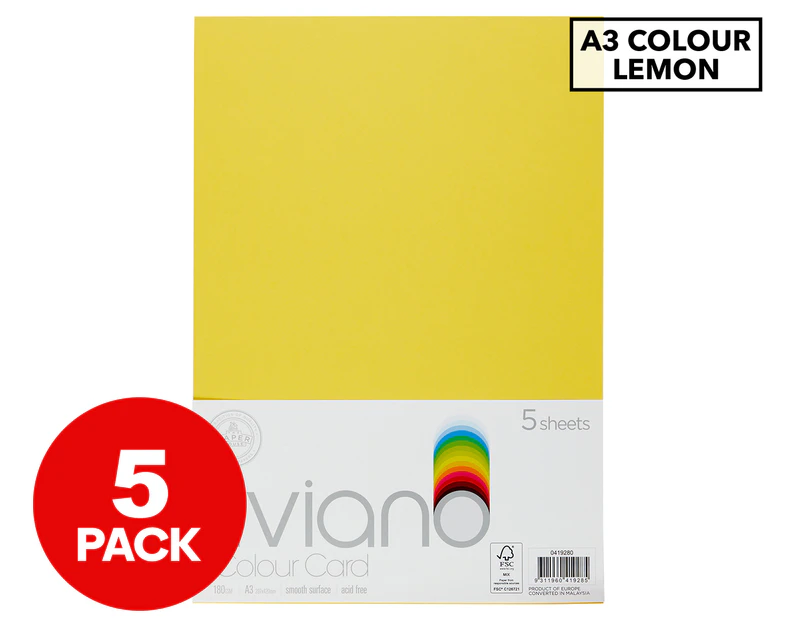 The Paper House Liviano 180GSM A3 Colour Card 5-Pack - Lemon